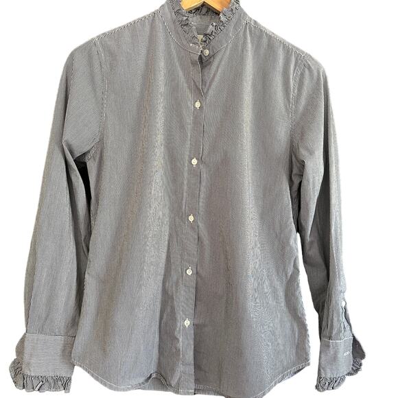 NILI LOTAN | Lydia Ruffle Neck and Cuff Shirt in Black Stripe | Size Extra Small - Picture 1 of 6